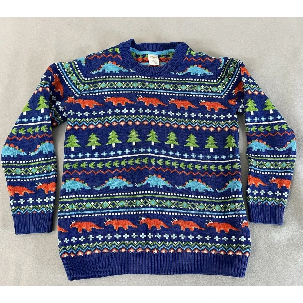 Gymboree size 10 Dinosaur Sweater blue Orange Green Trees stripes